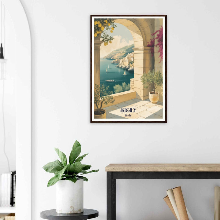 Minimalist coastal home decor illustration of a serene ocean cove in Italy with traditional wooden fishing boats floating on crystal-clear water during a warm sunset.
