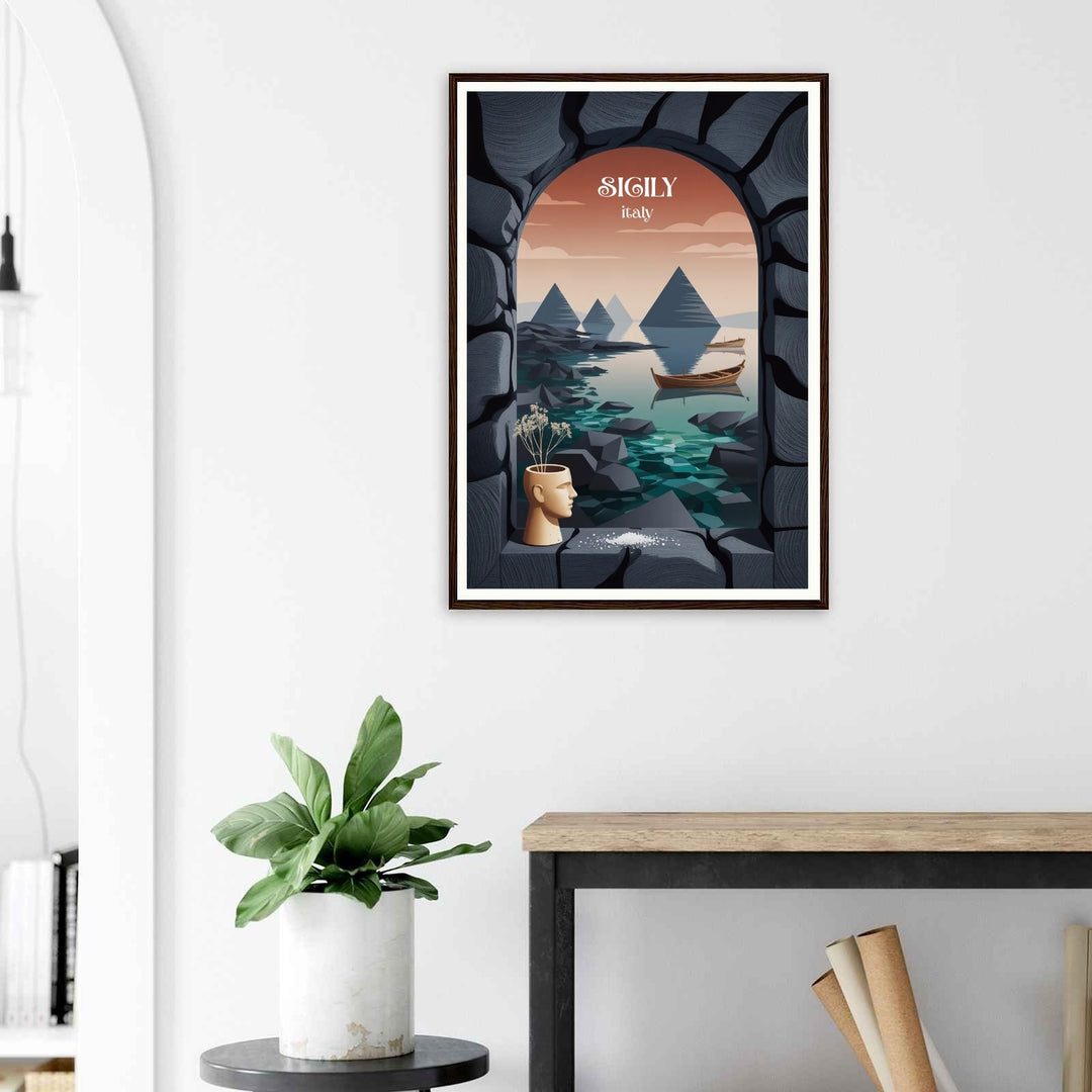 Minimalist coastal home decor illustration of a serene ocean cove in Italy with traditional wooden fishing boats floating on crystal-clear water during a warm sunset.