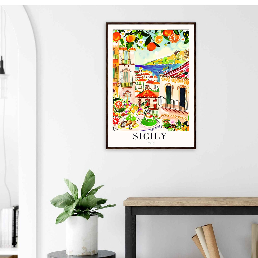 Premium matte paper illustration depicting a sunny summer afternoon in Sicily, using fade-resistant archival inks.