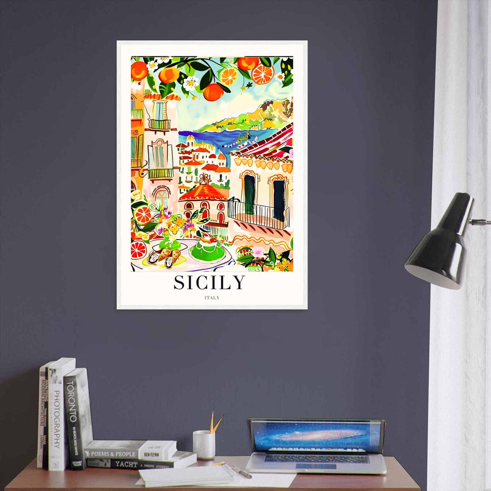 Unframed Sicily art print showcasing traditional cannoli and cassata cake on a terrace table, printed on premium matte paper.