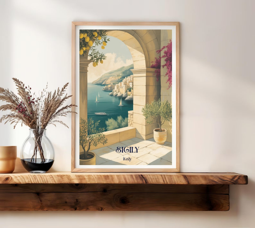A moody, atmospheric travel print of a volcanic Italian island framed by a dark, textured lava stone portal archway with a minimalist face vase sitting on the window ledge.