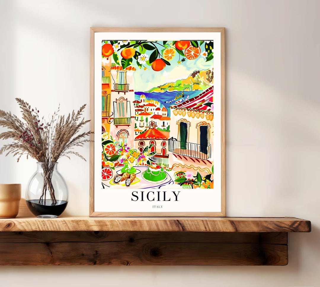 Vertical Sicily landscape illustration capturing a Mediterranean bay under a bright sky, framed by citrus branches.