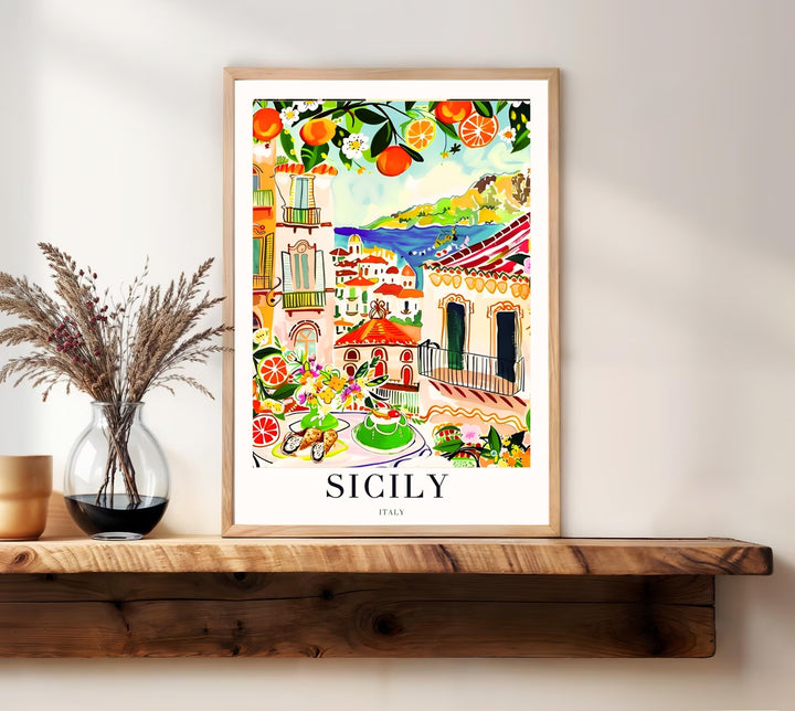Vertical Sicily landscape illustration capturing a Mediterranean bay under a bright sky, framed by citrus branches.