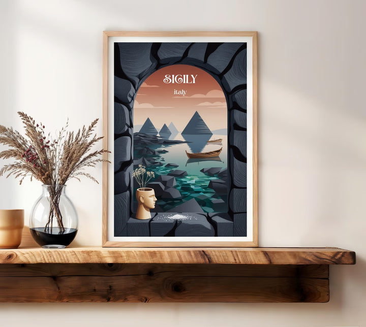 High-end travel poster featuring sophisticated typography reading Sicily Italy set against a beautiful geometric landscape scene with deep terracotta sunset skies.