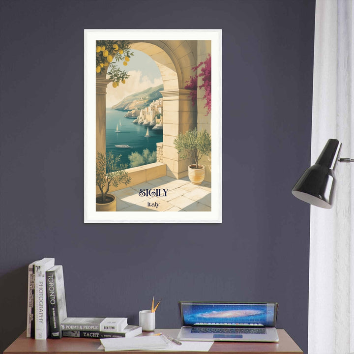 Modern Mediterranean wall art displaying an architectural stone archway framing a scenic view of Italian coastal houses nestled on cliffs beside a peaceful turquoise sea.
