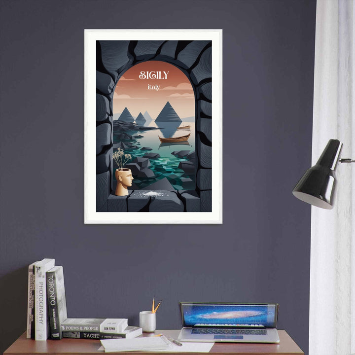 Contemporary geometric illustration of dramatic cone-shaped volcanic mountains rising from a tranquil sea under a soft terracotta and pastel pink gradient sunset sky.