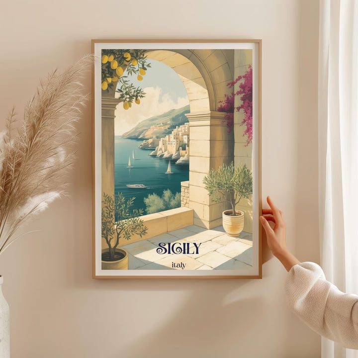 Charming Italian travel print showcasing lush lemon branches and vibrant pink bougainvillea draping over a classic cream stucco villa balcony looking out toward the ocean.