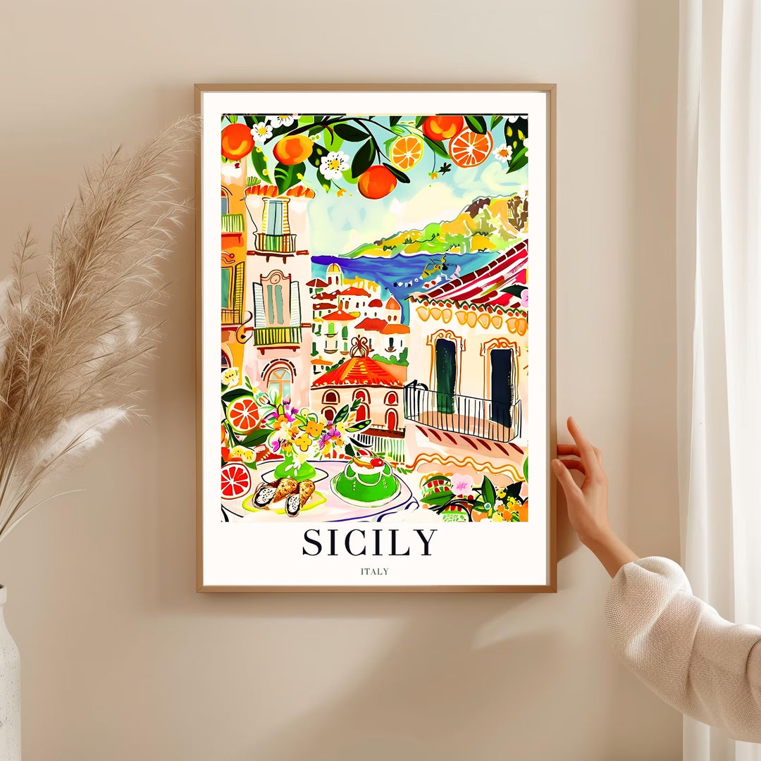 Expertly finished Sicily nature and culinary art piece from MapYourDreams, featuring durable protective glass and a sturdy wooden frame backing.