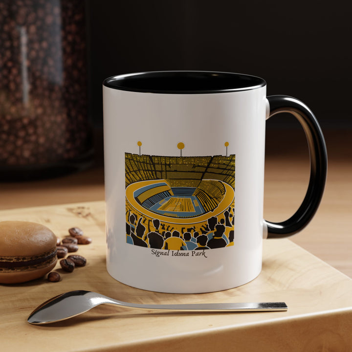 ⚽ Black Signal Iduna Park coffee mug with striking stadium imagery, sleek tea cup for devoted football fans. Premium ceramic mug featuring iconic Yellow Wall design on black background, microwave safe. Perfect tea mug for Borussia Dortmund supporters who appreciate bold style. High-quality black coffee cup celebrating Germany's legendary football venue from MapYourDreams ☕🖤