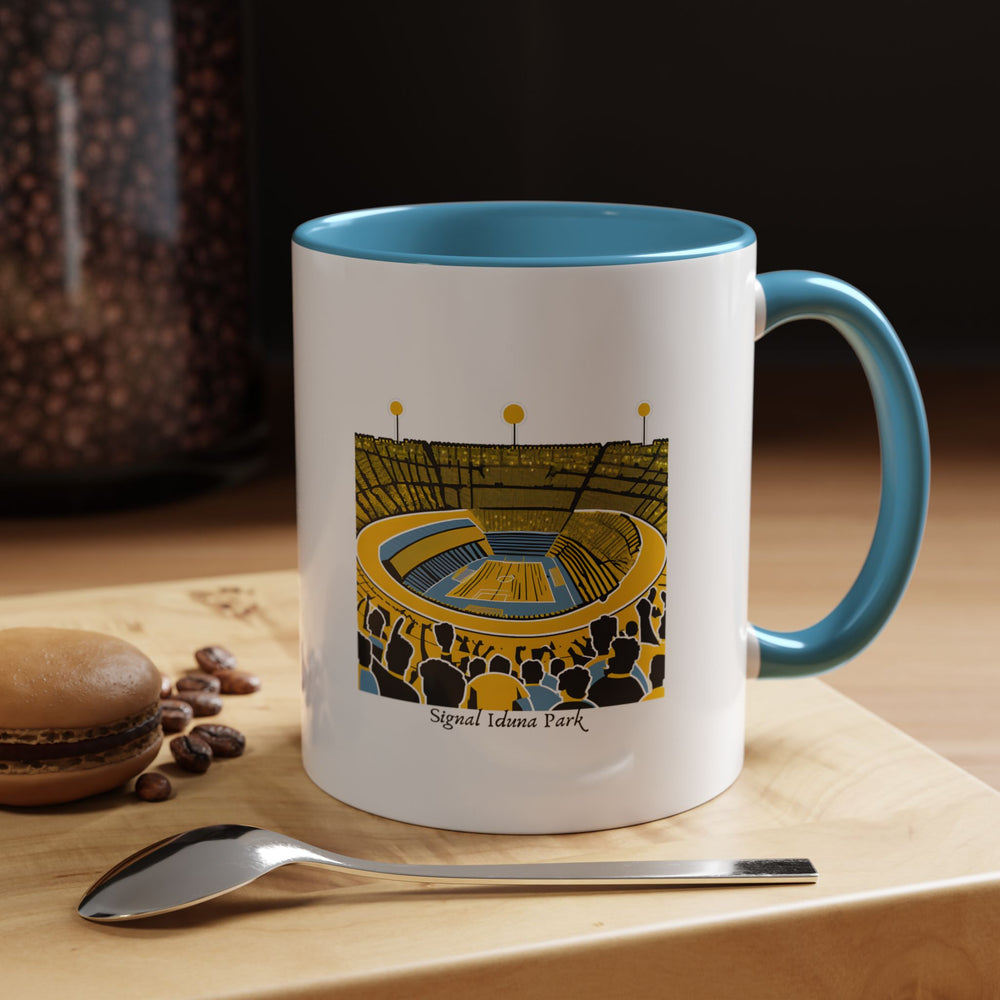 ⚽ Blue Signal Iduna Park tea mug showcasing vibrant stadium architecture, stylish coffee cup for soccer enthusiasts. Ceramic tea cup with iconic football venue design in eye-catching blue finish, dishwasher safe. Ideal coffee mug for BVB fans seeking unique stadium merchandise. Premium blue tea mug bringing match day atmosphere home from MapYourDreams collection ☕💙