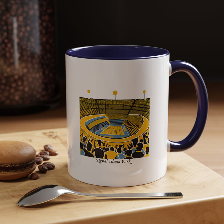 ⚽ Navy blue Signal Iduna Park coffee mug featuring distinguished stadium design, sophisticated tea cup for football lovers. Premium ceramic mug with iconic Yellow Wall imagery on elegant navy background, dishwasher safe. Perfect tea mug for Dortmund supporters appreciating classic style. High-quality navy coffee cup celebrating legendary German stadium from MapYourDreams ☕⚓