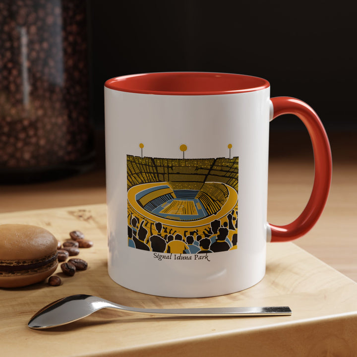 ⚽ Red Signal Iduna Park coffee mug showcasing dynamic stadium imagery, bold tea cup for passionate football enthusiasts. Premium ceramic mug with iconic venue design in striking red finish, dishwasher safe. Ideal tea mug for soccer fans celebrating legendary atmosphere. High-quality red coffee cup bringing match day intensity home from MapYourDreams stadium collection ☕❤️