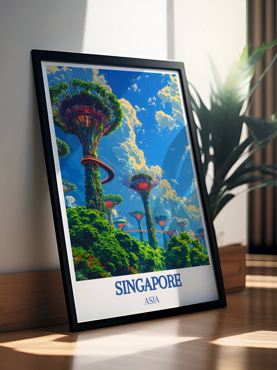 Stunning travel poster of Singapore, featuring the famous Gardens by the Bay, a must-have for anyone who loves travel and Southeast Asian culture.