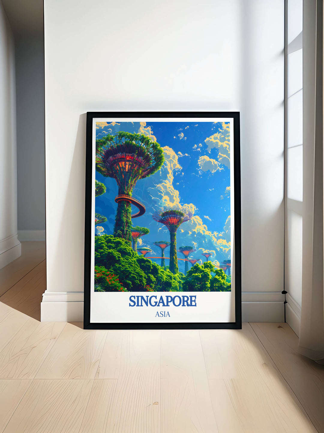 Vibrant print of Gardens by the Bay in Singapore capturing the futuristic architecture and lush greenery, perfect for enhancing any room decor or as a unique gift item.
