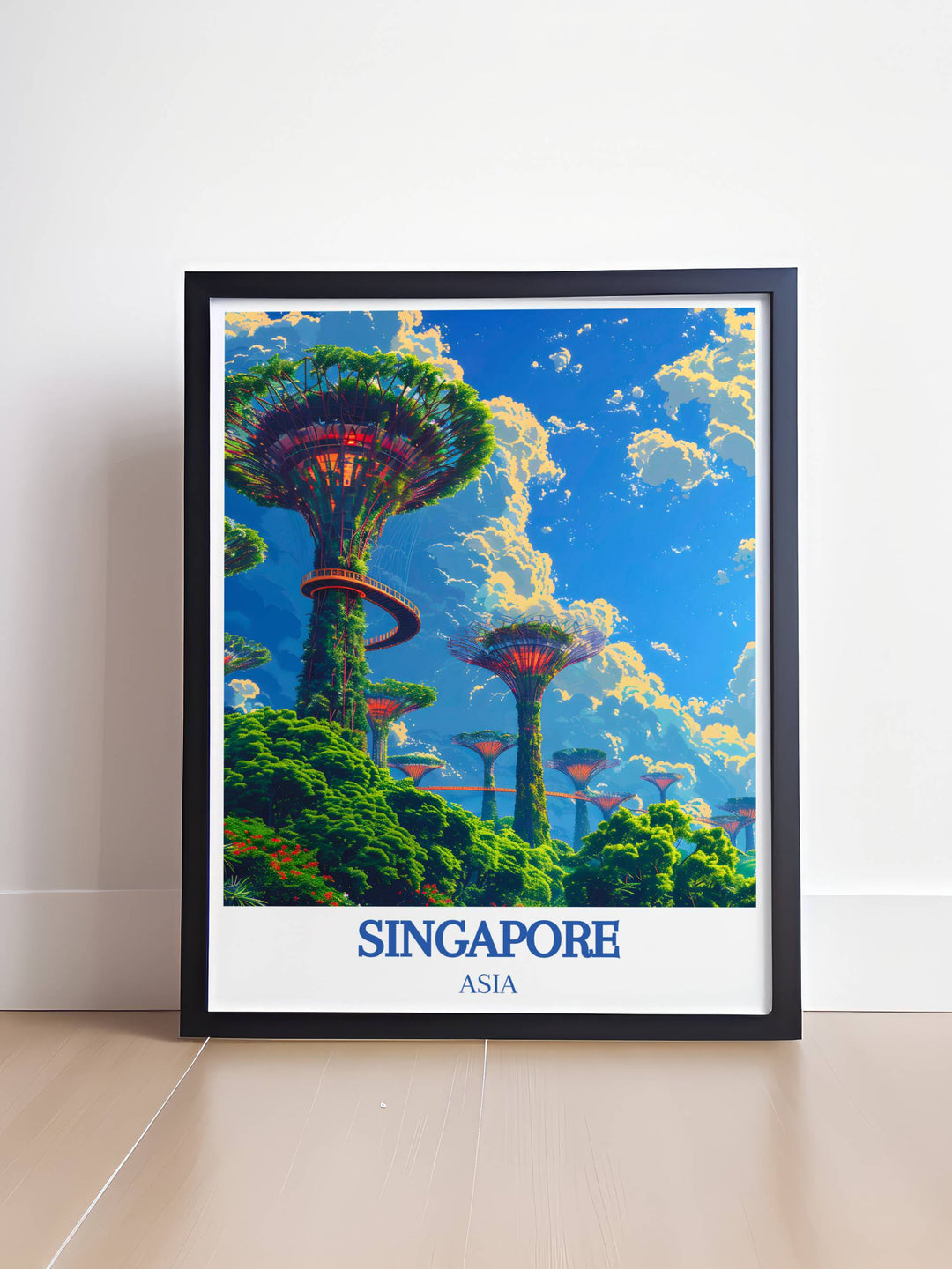 Detailed Singapore poster showcasing the iconic Gardens by the Bay, suitable for office decor or as a thoughtful Singapore gift for travelers and art lovers.