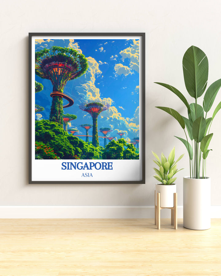 Detailed Singapore poster showcasing the iconic Gardens by the Bay, suitable for office decor or as a thoughtful Singapore gift for travelers and art lovers.
