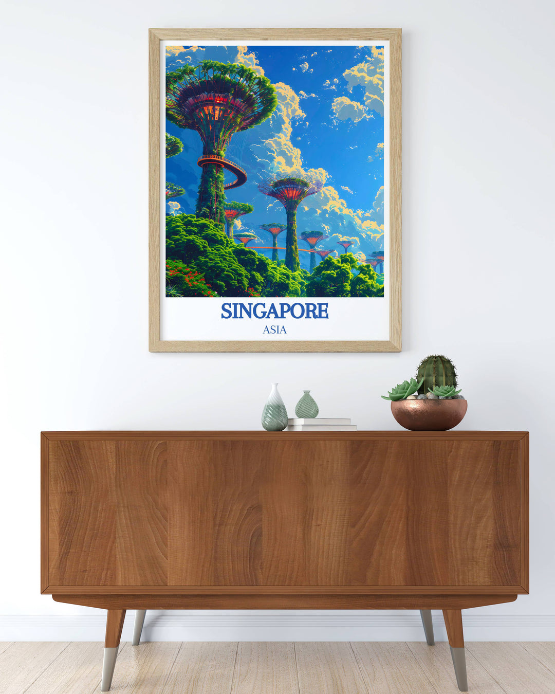 Colorful Gardens by the Bay art print, blending natural and architectural elements to create a serene and inspiring piece of Singapore wall art for modern homes.