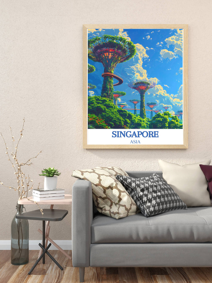 High-quality print of Singapore at night, highlighting Gardens by the Bay with its illuminated supertrees, perfect for adding a touch of Asia to your wall decor.