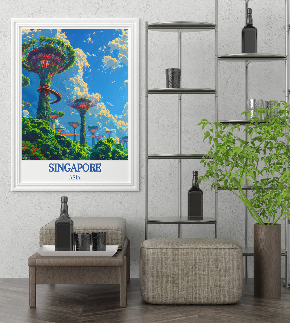 Artistic representation of Singapore skyline featuring Gardens by the Bay, ideal for Southeast Asia art collectors and enthusiasts of urban landscapes.