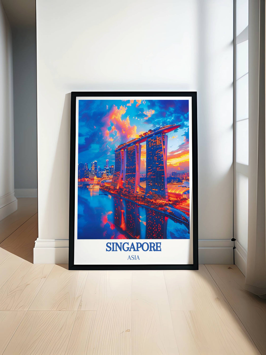Detailed Marina Bay Sands art print capturing the iconic triple towers set against the Singapore skyline, perfect for adding a modern architectural flair to any sophisticated living space or office.