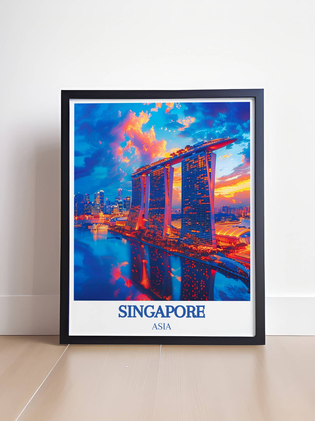 Elegant Marina Bay Sands travel print depicting the structure at twilight with vibrant lights reflecting on the water, ideal for creating a captivating living room or office centerpiece.