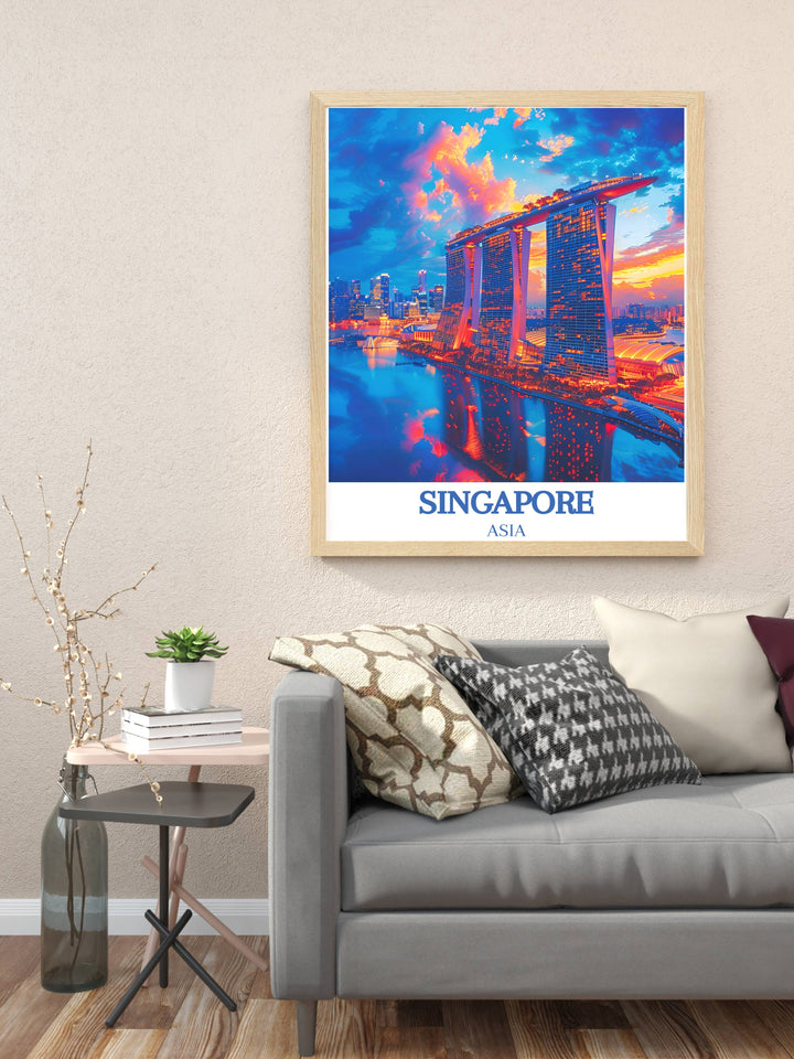 Serene morning view of Marina Bay Sands with the city's awakening backdrop, perfect for adding a tranquil yet urban touch to bedroom decor or peaceful study rooms.