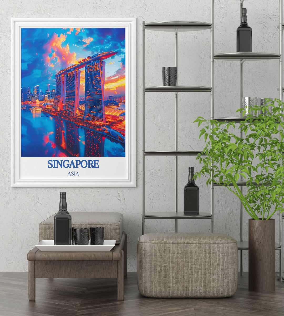 Vibrant aerial shot of Marina Bay Sands during a dazzling fireworks display, adding a dynamic and spectacular visual element to any travel art collection or gallery wall.