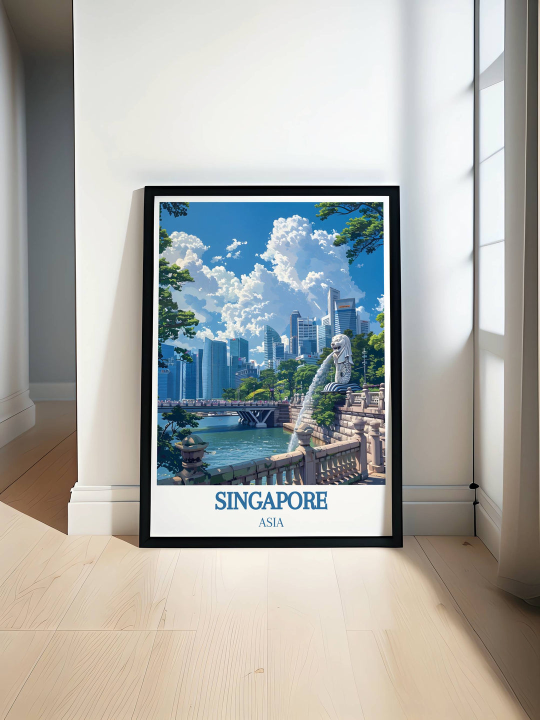 Merlion Park Gallery Wall Art capturing the vibrant spirit of Singapores iconic landmark, perfect for adding charm to your home decor with detailed prints.