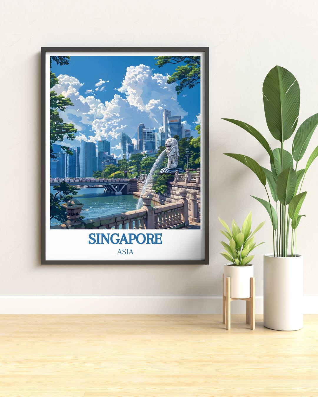 Elegant Singapore poster with a detailed depiction of the Merlion, great for a Southeast Asia-themed room