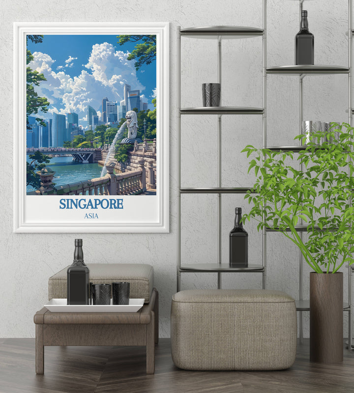 Elegant framed art of Merlion Park, capturing the dynamic urban landscape of Singapore, perfect for contemporary decor with a touch of tradition.