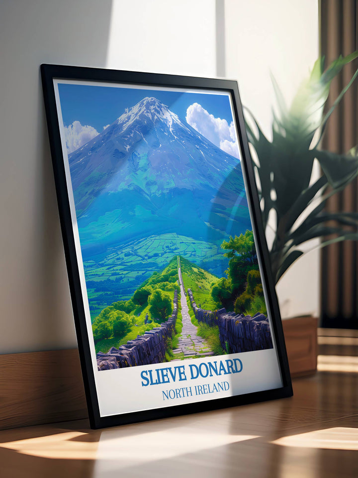 Retro travel poster of the Mourne Wall, blending history and nature in a captivating artwork for your wall.