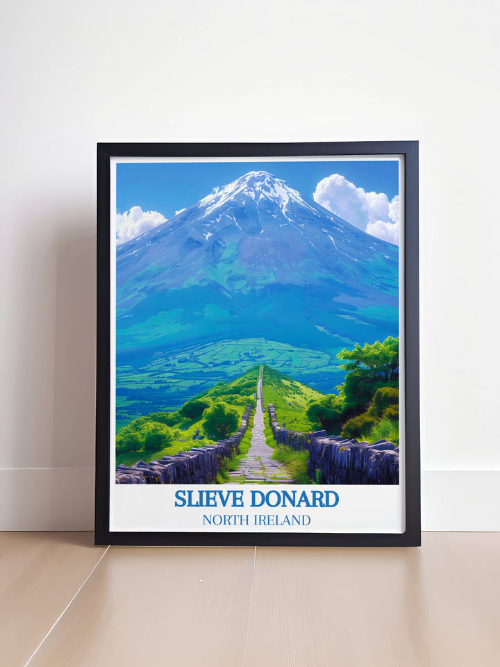 Detailed artwork of Slieve Donard, Northern Irelands tallest peak, capturing the lush greenery and expansive views in a framed print.