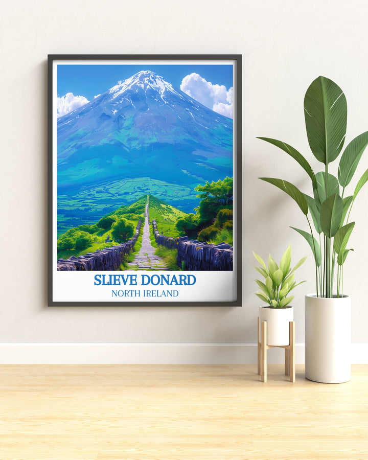 Vintage style poster of the historic Mourne Wall, highlighting its rugged stones and the beautiful landscape it traverses.