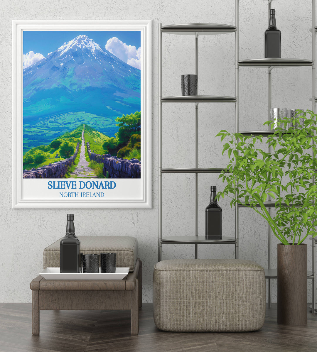 Panoramic print of the Mourne Mountains, featuring the iconic Mourne Wall and the majestic Slieve Donard, ideal for travel enthusiasts.