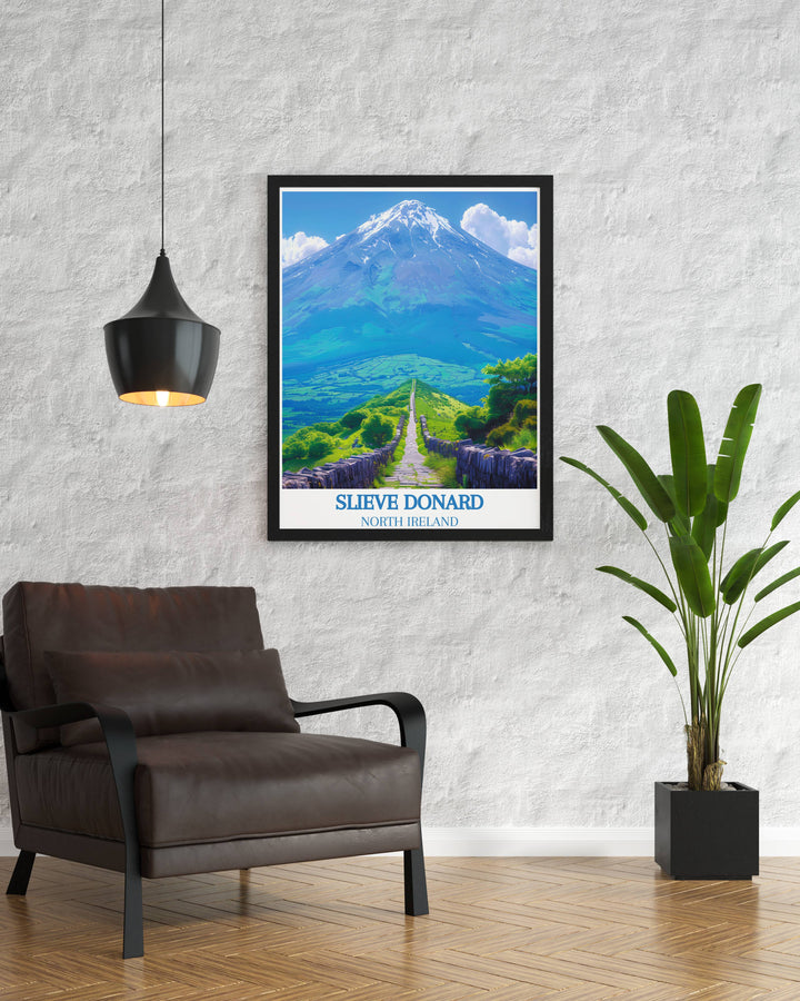 Framed art piece showcasing the scenic beauty of Slieve Donard, with vibrant greens and dramatic skies typical of Northern Irelands landscapes.