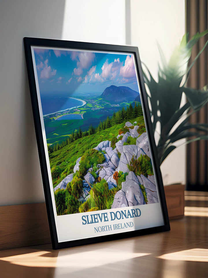 Framed prints of Slieve Donard offer a close up view of Northern Irelands tallest peak, with intricate details and vibrant colors. These prints are perfect for adding a touch of natural beauty and elegance to any room.