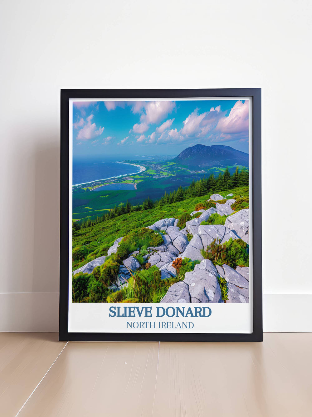 Northern Ireland prints feature the serene landscapes of the Mourne Mountains, with Slieve Donard as the centerpiece. The lush greenery and rugged terrains are depicted in stunning detail, making it a perfect addition to any space that seeks to capture natural beauty.