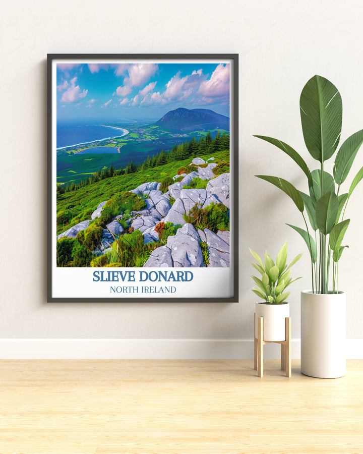Vintage travel posters from the Slieve Donard collection offer a timeless elegance that blends classic aesthetics with contemporary design. These posters showcase the majestic Mourne Mountains, providing a unique and nostalgic touch to your home decor.