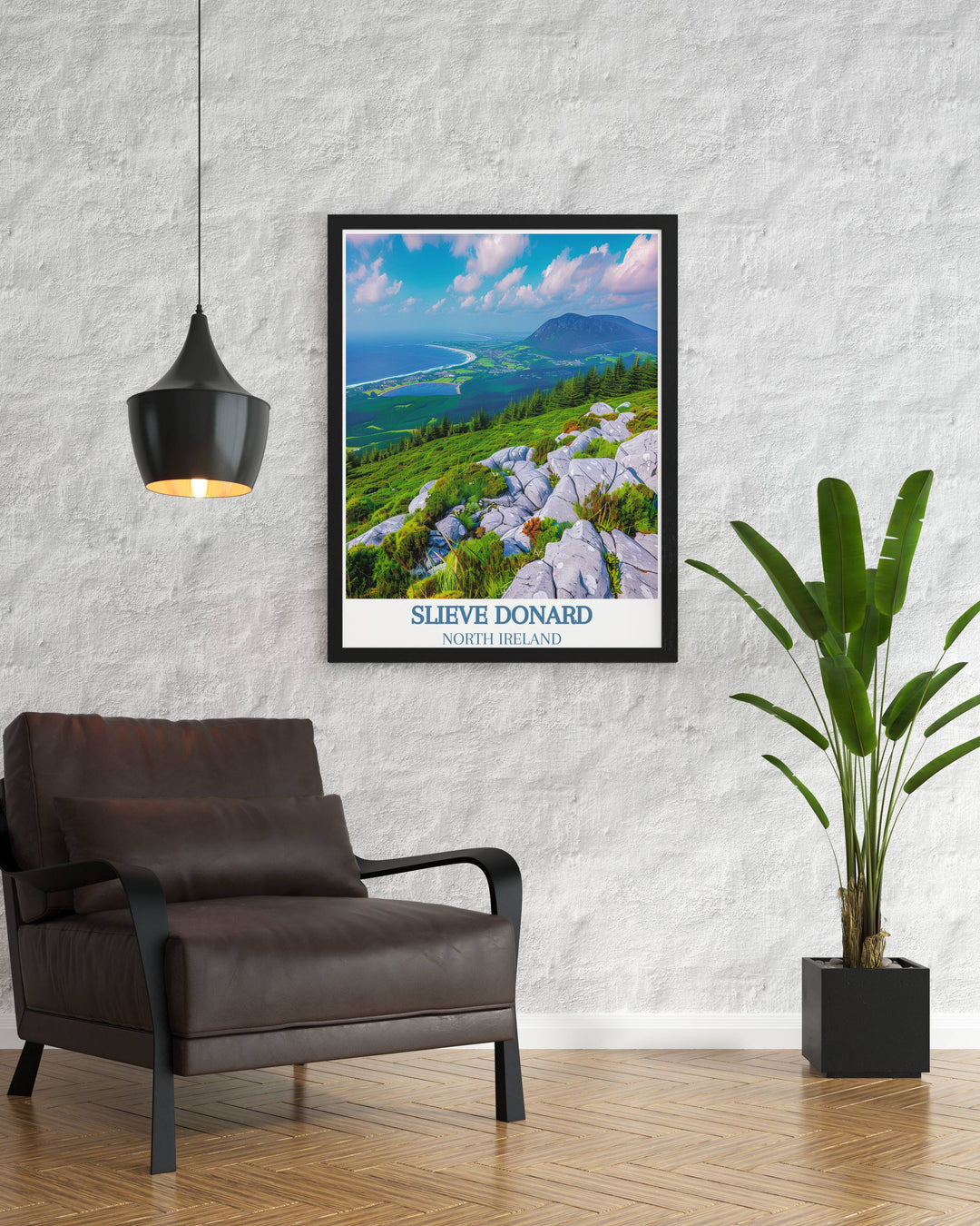 Modern wall decor of Slieve Donard summit showcases the awe inspiring landscapes of Northern Ireland. The detailed depiction of the mountains grandeur and the serene environment is perfect for creating a peaceful and inspiring atmosphere in your home.