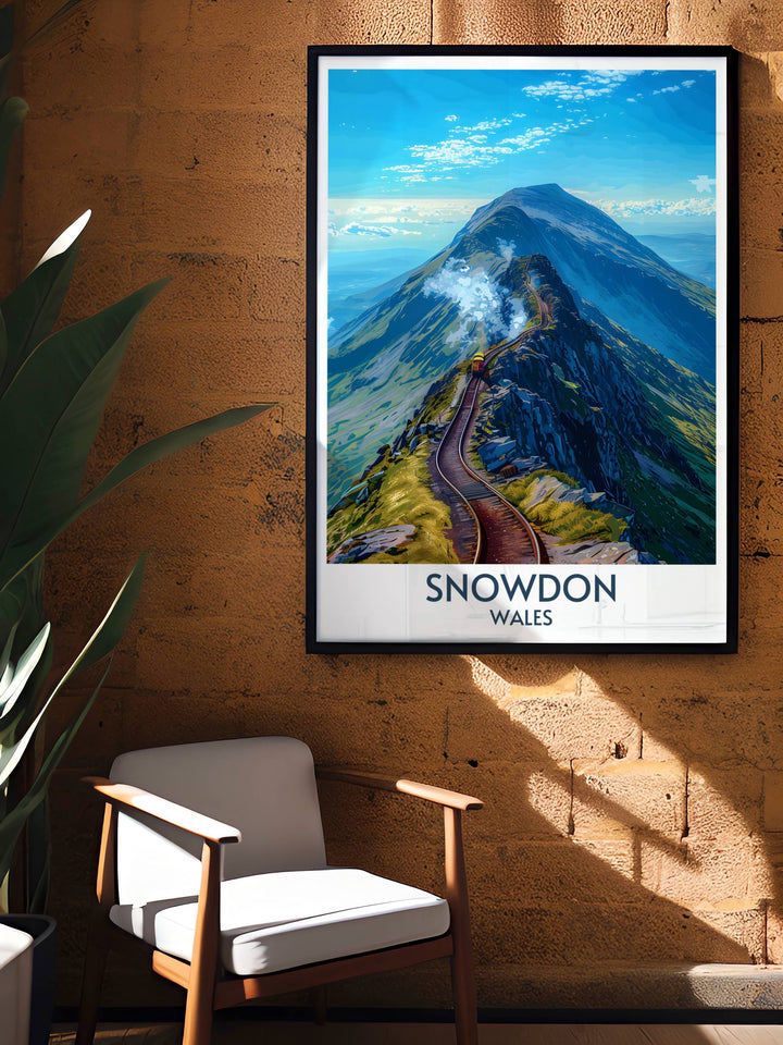 Mount Snowdon poster art showcases the dramatic peaks and serene valleys of Snowdonia. The vibrant imagery captures the natural splendor of Wales, making it a beautiful addition to any living space. Perfect for nature lovers.