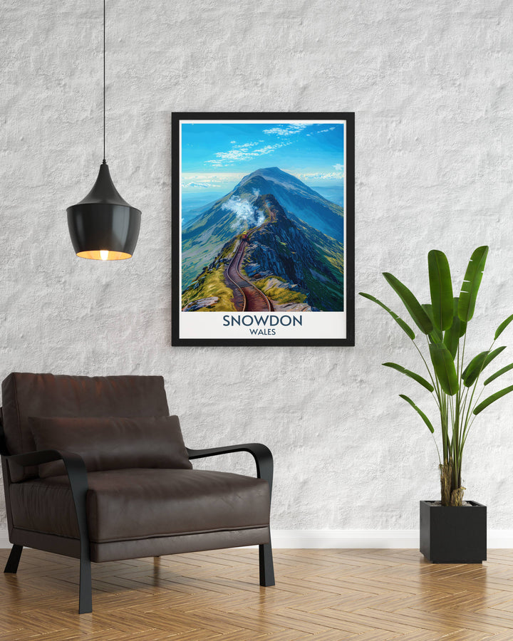 Snowdonia travel print featuring Mount Snowdon and the surrounding landscapes. The vivid colors and intricate details highlight the majestic beauty of Wales highest peak, offering a stunning addition to your wall art collection.