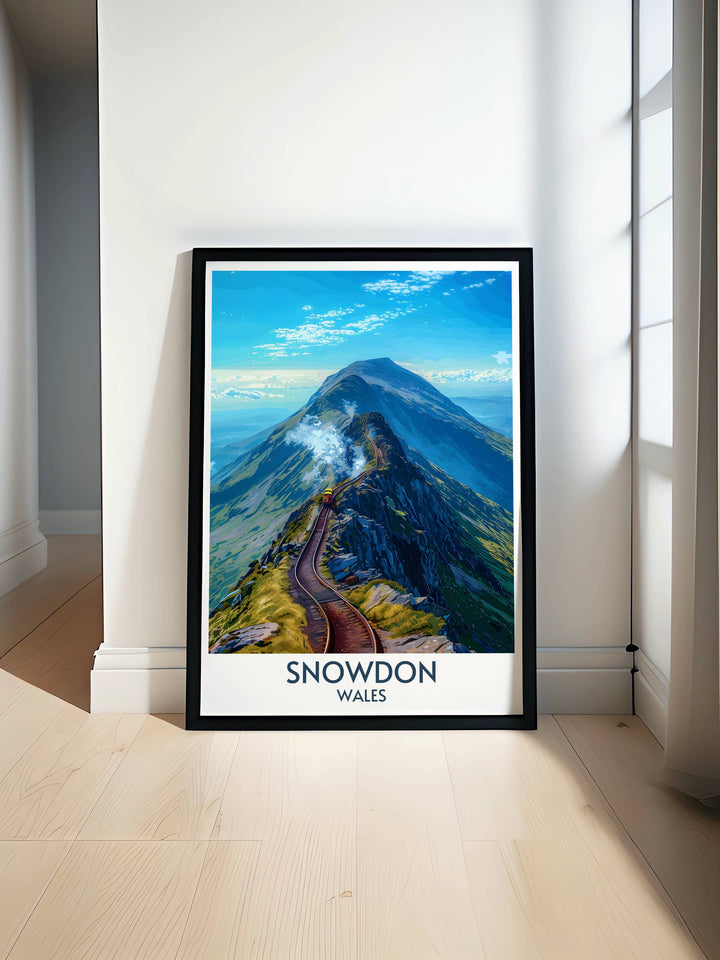 Mount Snowdon modern wall decor captures the breathtaking views from Wales highest peak. The rugged beauty and lush valleys showcase the natural splendor of Snowdonia. Perfect for adding a touch of grandeur to any living space.