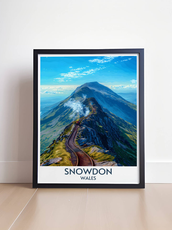 Snowdonia national park print featuring Mount Snowdon. The detailed depiction highlights the dramatic landscapes and serene atmosphere of Wales iconic region. Ideal for nature enthusiasts and adventure seekers.