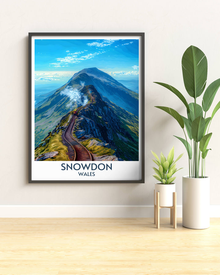 Vintage travel print of Mount Snowdon brings a touch of retro charm to your decor. The majestic peaks and lush valleys of Snowdonia are depicted in vibrant detail, celebrating the timeless beauty of Wales.