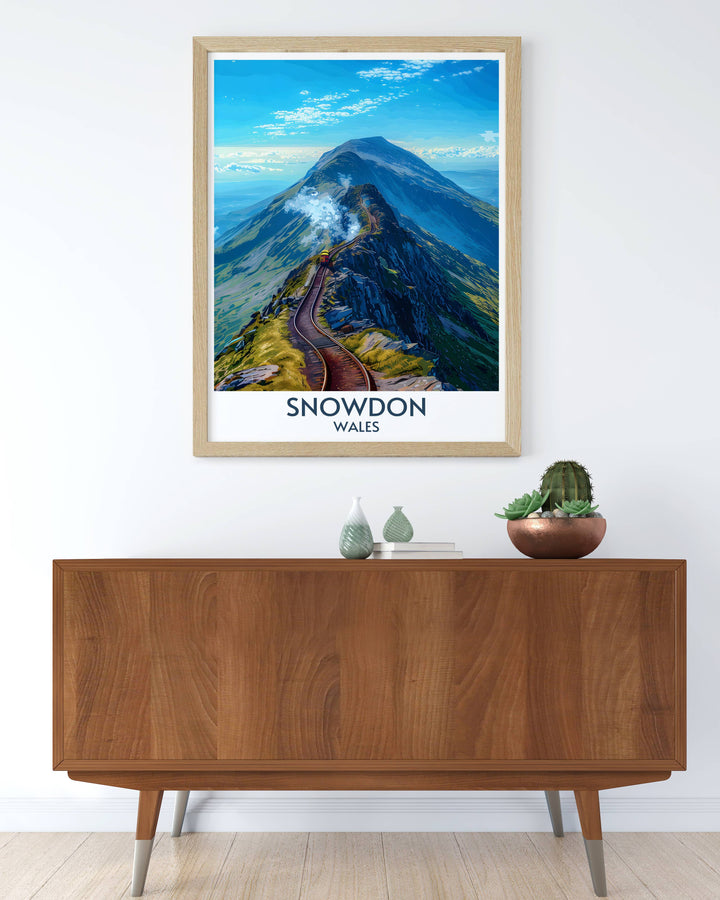 Snowdon framed print showcases the awe inspiring landscapes of Snowdonia. The intricate details and vibrant colors capture the natural beauty and serene atmosphere of Wales highest peak. Perfect for enhancing any living space.
