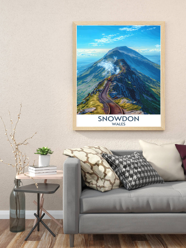 Betws y Coed travel poster features the tranquil waters and lush greenery of Snowdonia. The vibrant imagery and detailed depiction offer a stunning visual journey through Wales iconic landscapes. Ideal for art lovers and nature enthusiasts.