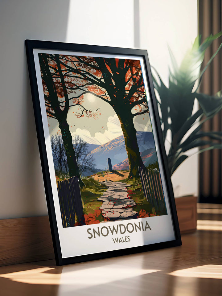 Bucket list prints of Snowdonias Galerts Grave and Swallow Falls, ideal for adventurers and history buffs. Capture the allure of Wales national park in your home decor.