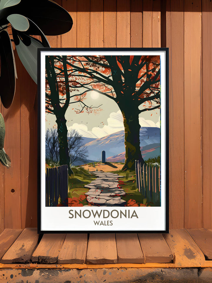 Wales travel poster featuring the serene landscapes of Snowdonia, including Betws y Coed and Rhaeadr Ewynnol. Perfect for those who appreciate the tranquility and beauty of nature.