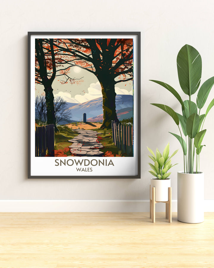 Vintage travel print of Snowdonias Galerts Grave, blending historical intrigue with natural splendor. A perfect addition to any wall art collection, highlighting the timeless appeal of Wales national park.