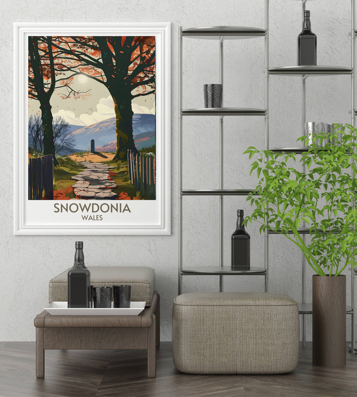 National Park poster featuring Snowdonias iconic landmarks, including Galerts Grave and Swallow Falls. A must have for travel art collectors and fans of Welsh scenery.